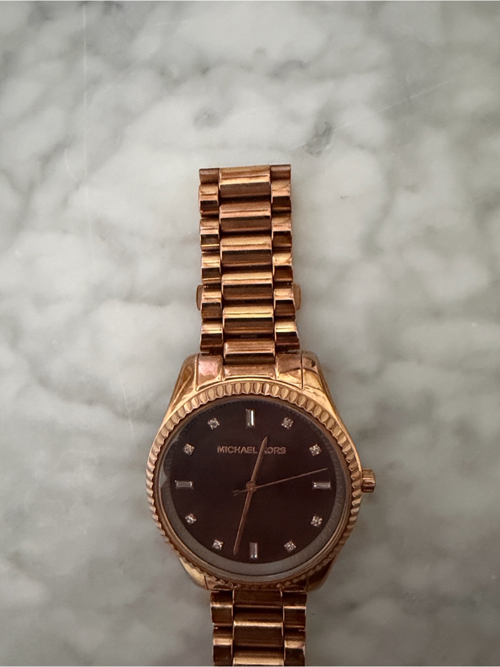 Michael Kors Rose Gold Bracelet Watch With Brown Dial And Crystal Markers